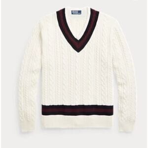 Polo Ralph Lauren P Wing Cable Knit Wool V-Neck Varsity Sweater Men's Size M NWT